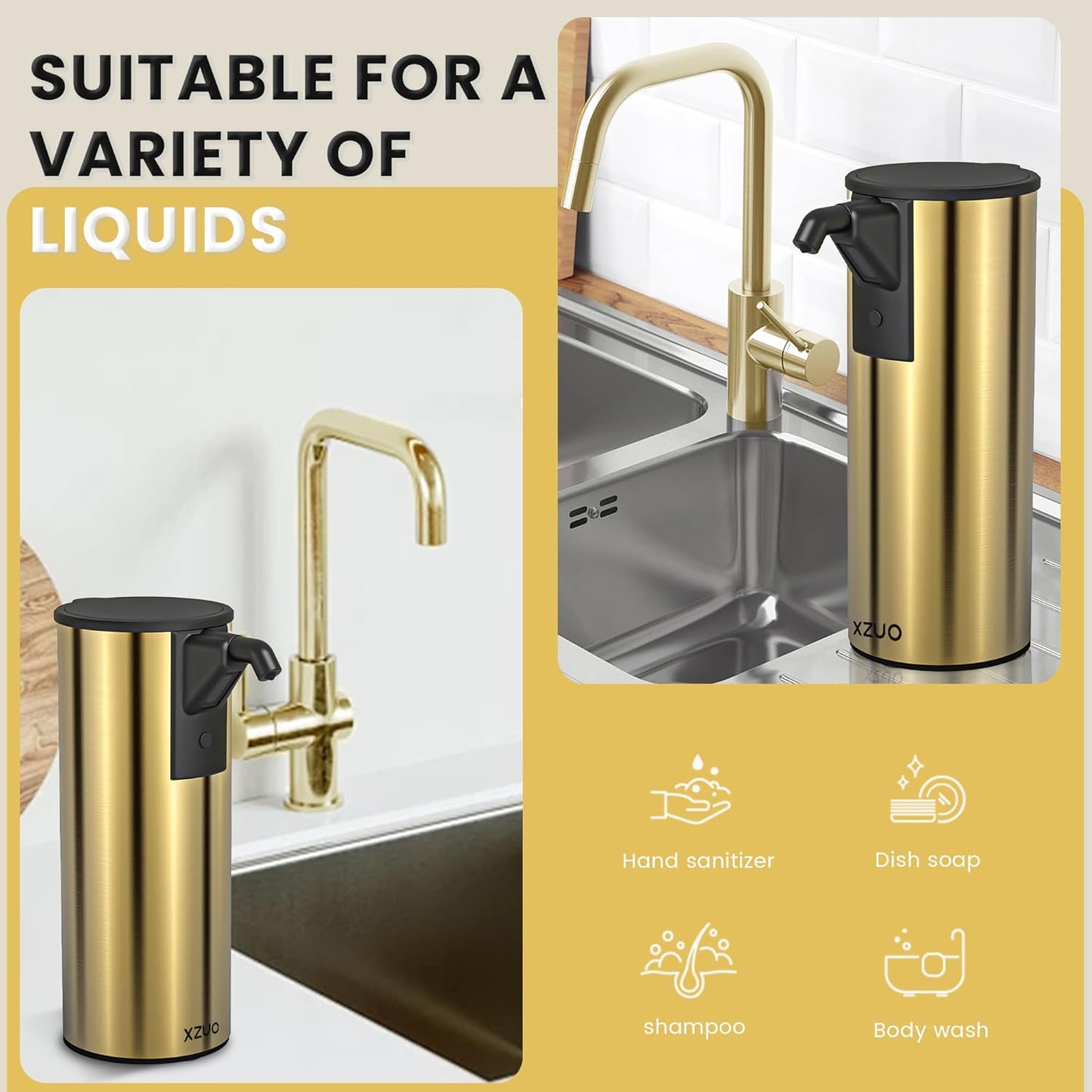 Automatic Soap Dispenser Touchless 11.8oz/350ml Four-Level Adjustable Dispenser Volume，Stainless Steel Material,Battery Powered for Wide Compatibility in Kitchen, Bathroom, Hotel & Office (Gold)
