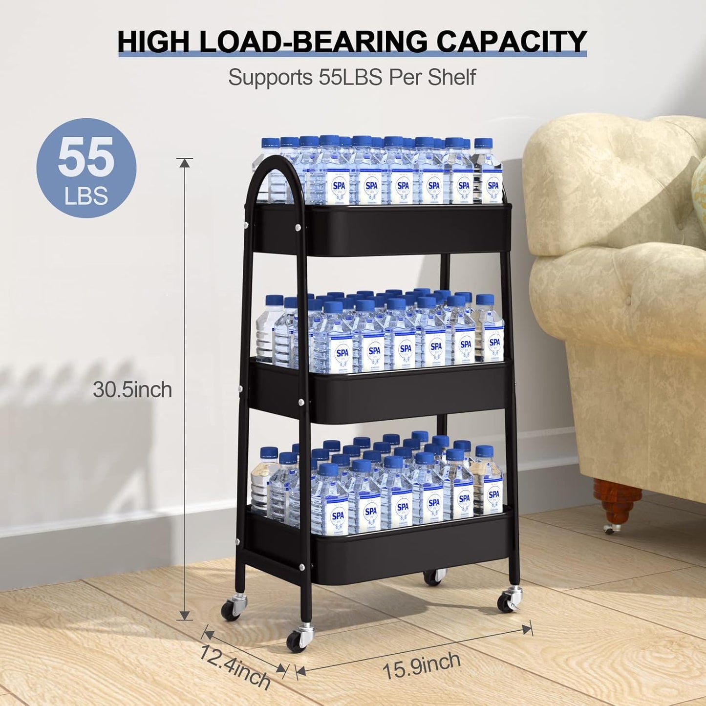 EAGMAK 3 Tier Utility Rolling Cart, Metal Storage Cart with Handle and Lockable Wheels, Multifunctional Storage Organizer Trolley with Mesh Baskets for Kitchen, Living Room, Office, Garage (Black)