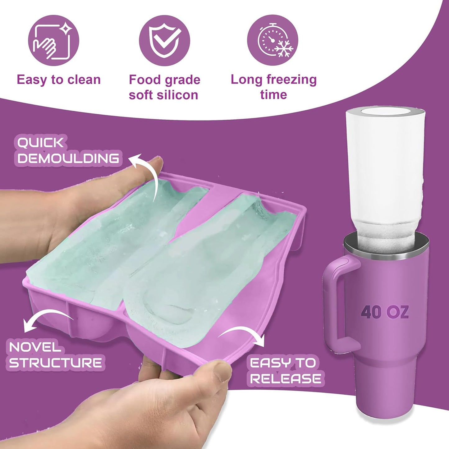 Ice Cube Tray for Tumbler, 1 Pcs Silicone Hollow Cylinder Ice Mold for Freezer, Ice Drink, Juice, Cocktail, Compatible with 40Oz Tumbler (PURPLE)