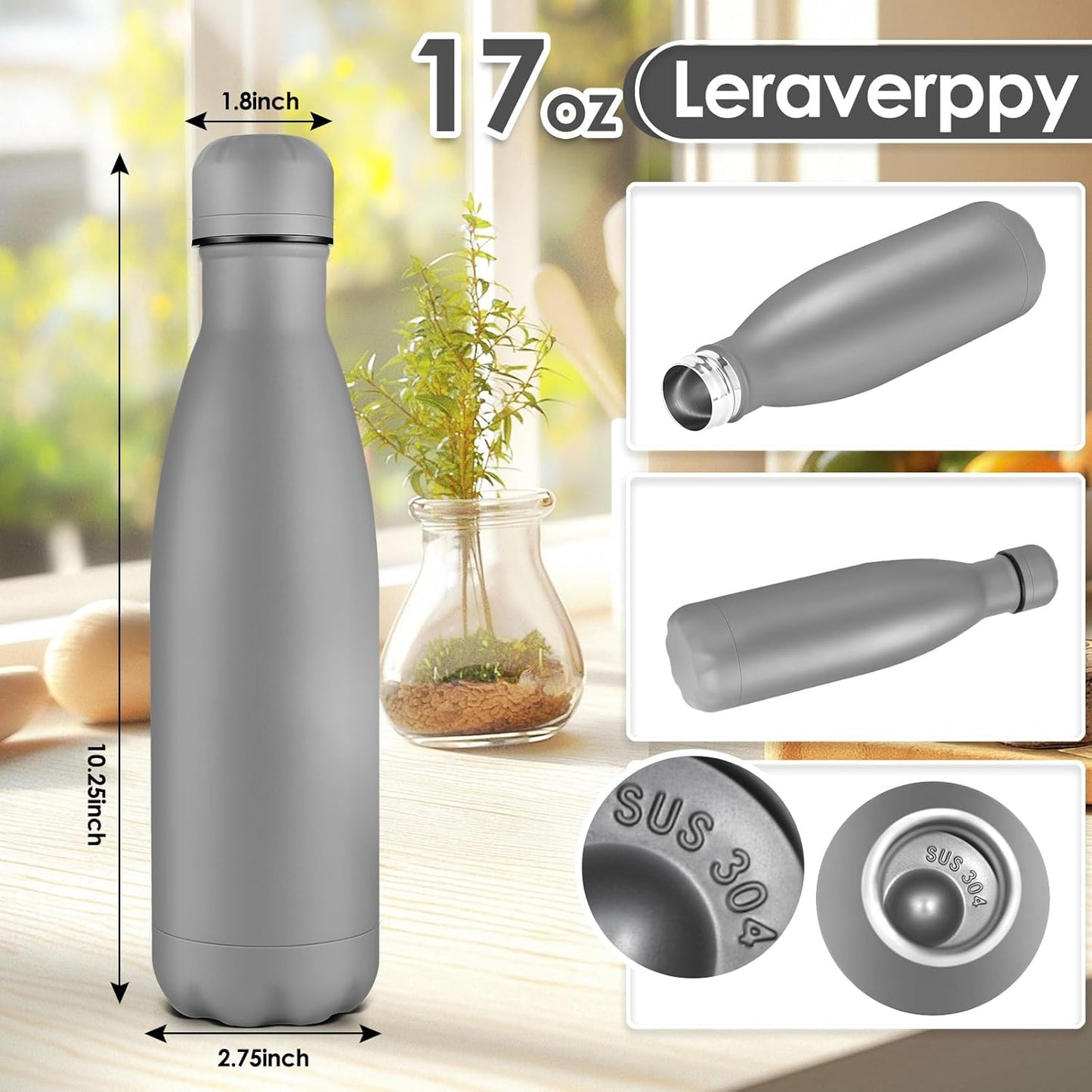 17oz Cola-Bottle Shaped Stainless Steel Leak-proof Water Bottle,Double Wall Vacuum Insulated Metal,Travel Mug For Sports Indoors & Outdoors,BPA-Free School Kids Flasks,Gray(12Pack)