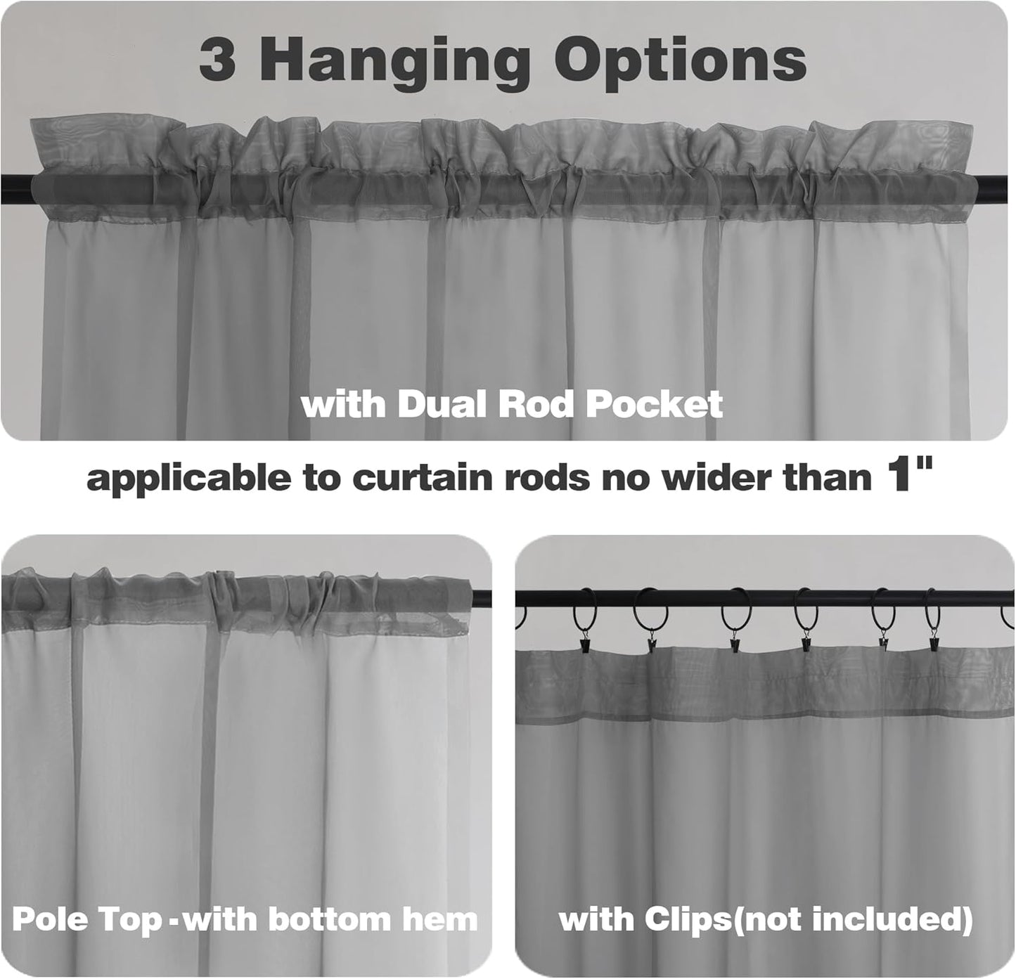 Chyhomenyc Charcoal Grey Sheer Curtains 45 Inch Long 2 Panels, Light Filtering Elegant Lightweight Soft Rod Pockets Drapes for Small Window Bathroom Living Room Bedroom, 42W x 45L inches