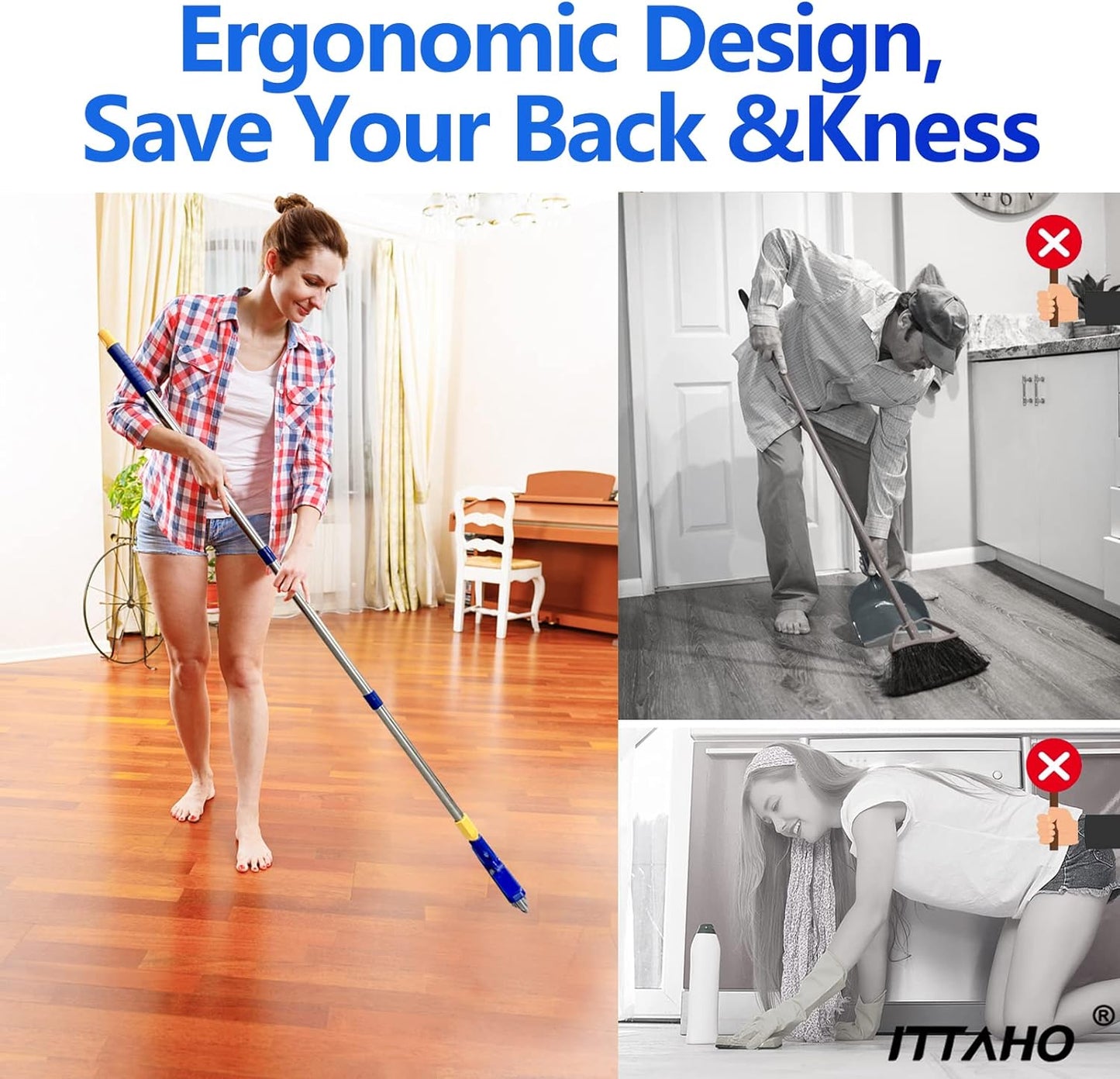 ITTAHO 2 Pack Grout Brush with Long Handle, 56.5'' Swivel Grout Cleaning Brush,V-Shape Grout Scrub Brush, Extendable Handle Grout Cleaner Brush for Tile Floors，Bathroom,Baseboard,Shower,Corner
