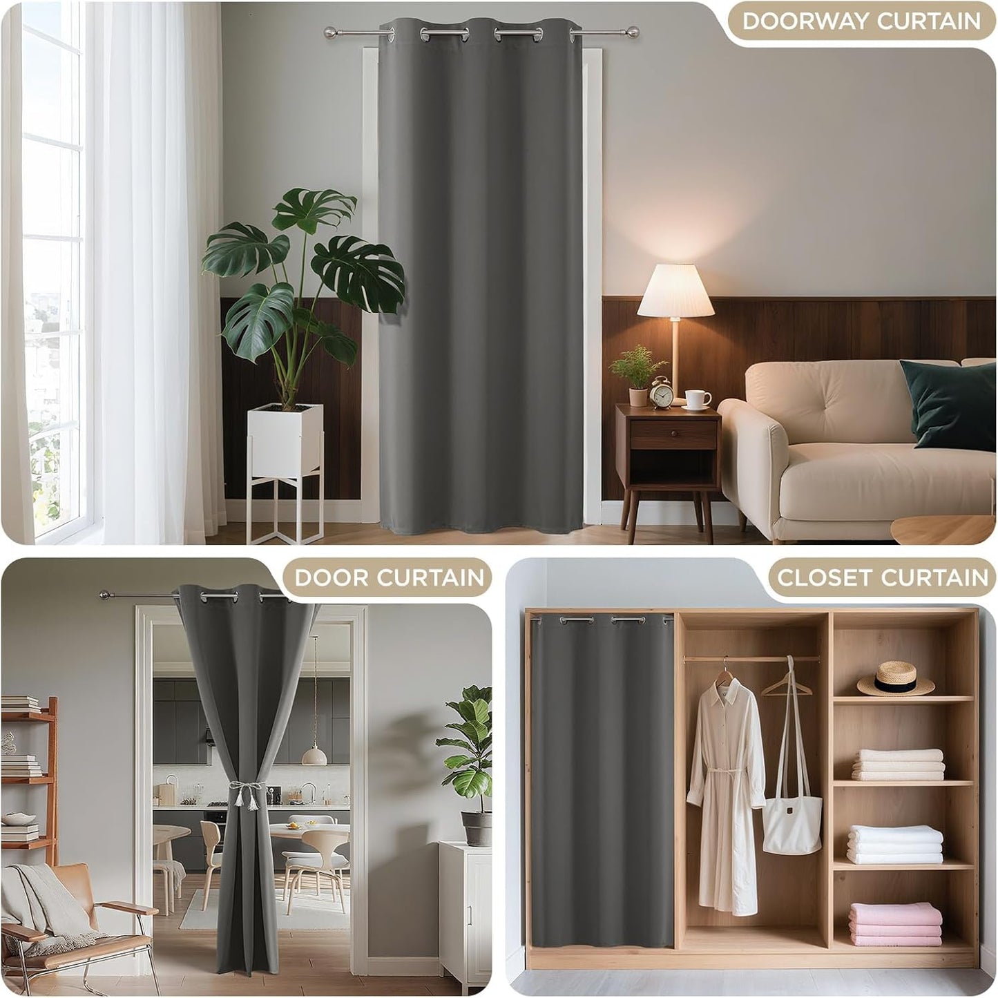 Joydeco Blackout Door Curtain for Doorway Privacy 90 Inches Long, Grommet Closet Curtain for Open Closet, Room Divider for Bedroom Living Room (Light Grey, 52Wx90L, 1 Panel)