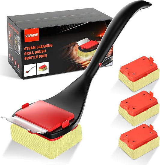 Bristle Free Grill Brush with Scraper, 4 Replaceable Cleaning Head BBQ Grill Cleaning Brush, Dishwasher-Safe Grill Cleaner Tool for Gas,Charcoal,Ceramic,Cast Iron & Stainless-Steel Grates