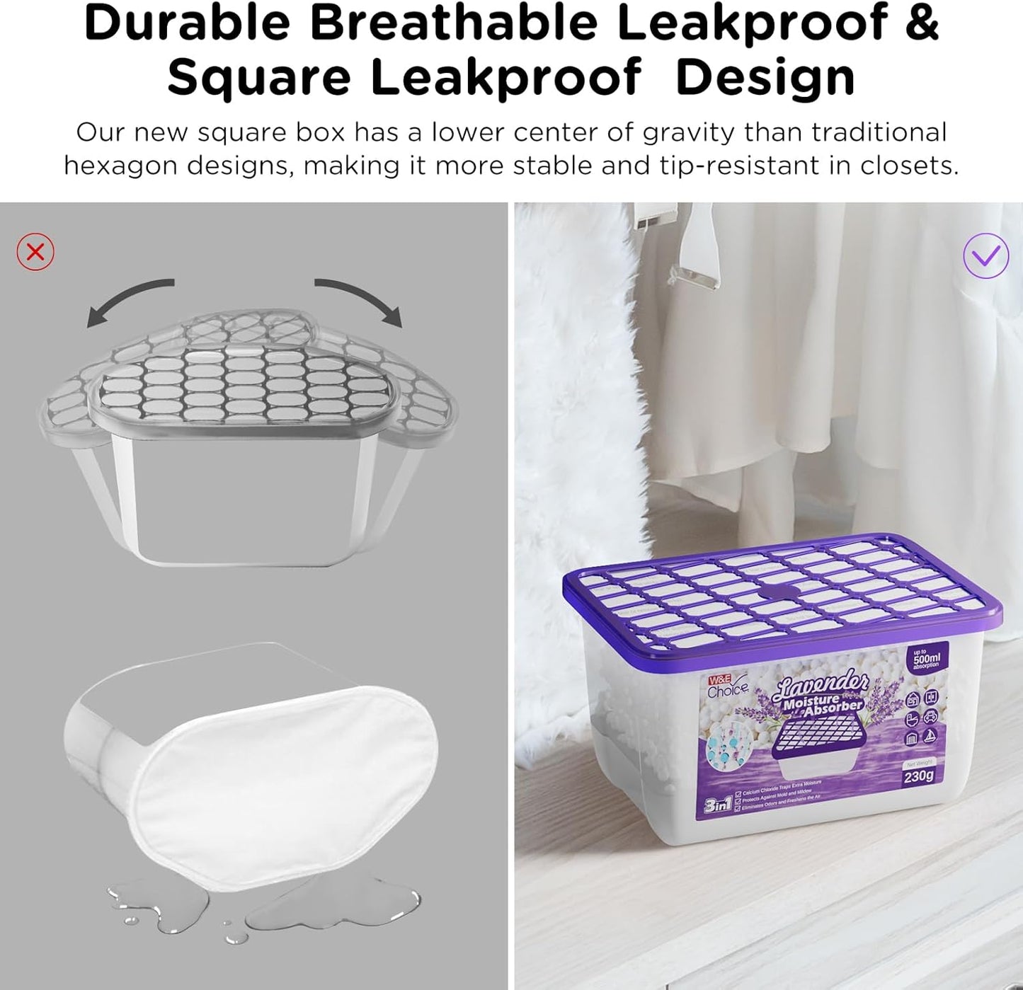 W&E Choice Moisture Absorbers with Lavender Scent, Portable Dehumidifier for Closet & Bathrooms, Kitchen, Humidity Absorber Odor Eliminator Absorber, 12Pack