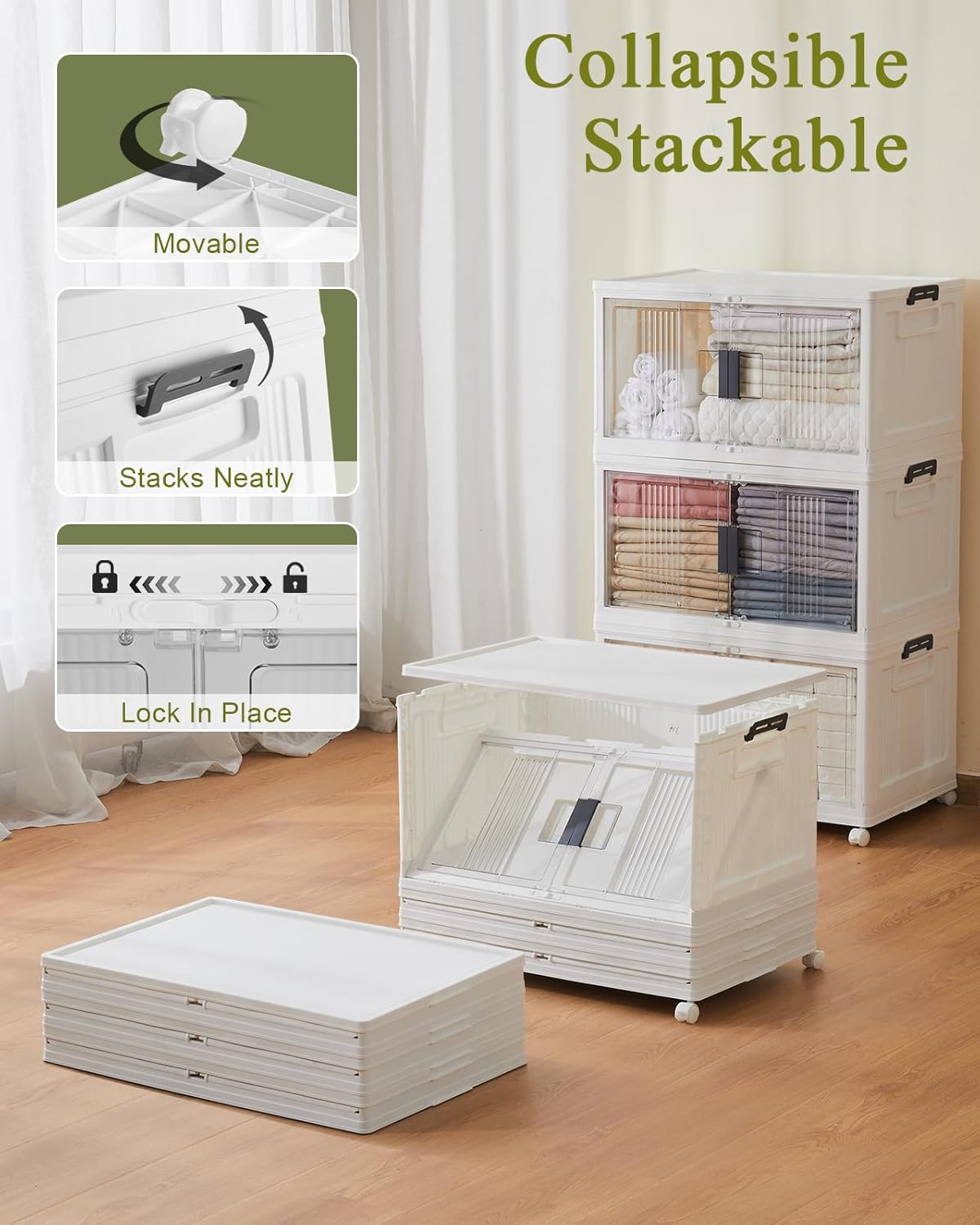 OlarHike 76QT Lockable Storage Bins with Lids - Folding Storage box with Doors and Wheels, Collapsible Plastic Storage Bins for Closets, Stackable Storage Organizer, Storage Containers, 3 Pack Cubes