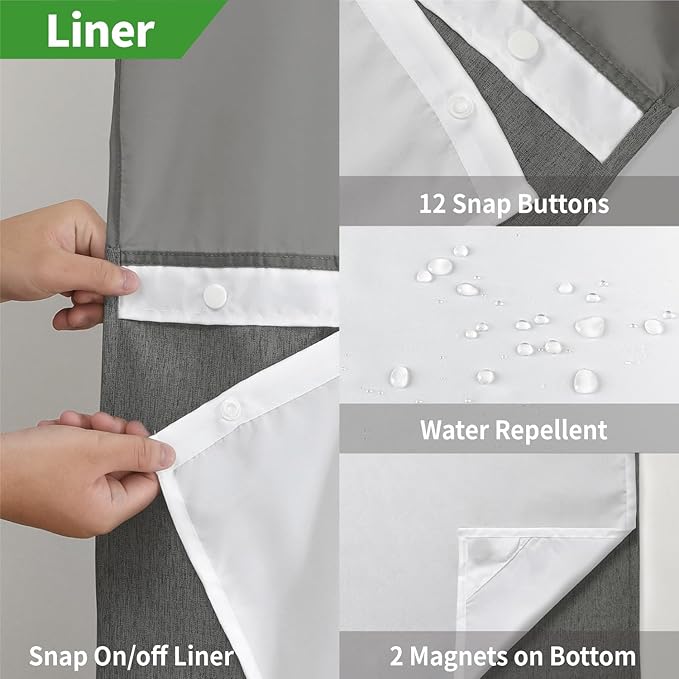 No Hooks Needed Linen Textured Shower Curtain with Snap-in Fabric Liner Set,Hotel Luxury Decor Waterproof Shower Curtains for Bathroom with Mesh Top Window,Washable,71Wx74H,Charcoal Grey