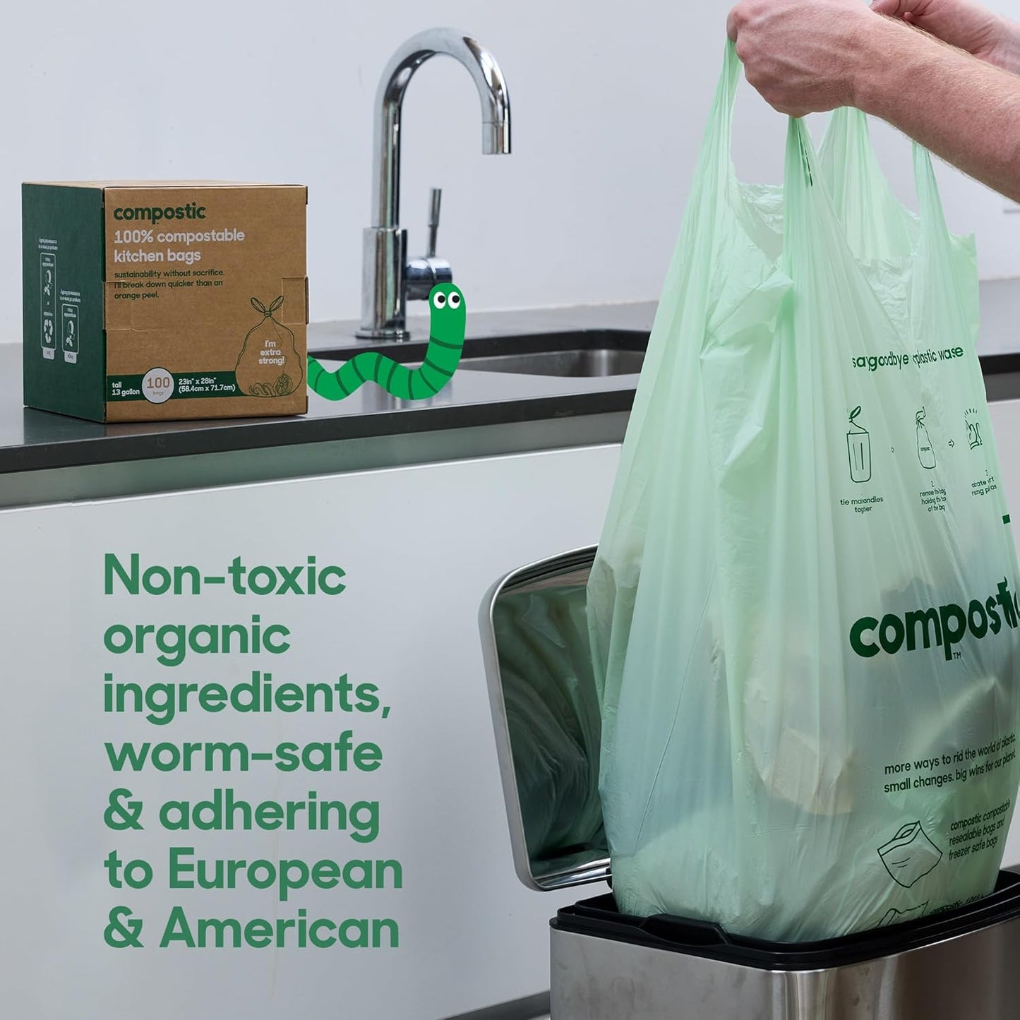 Compostic Home Compostable Trash Bags, 13 Gallon Tall Kitchen Rubbish Bags (23” x 29”), Extra Strong & Quickly Breaks Down, 50 Count