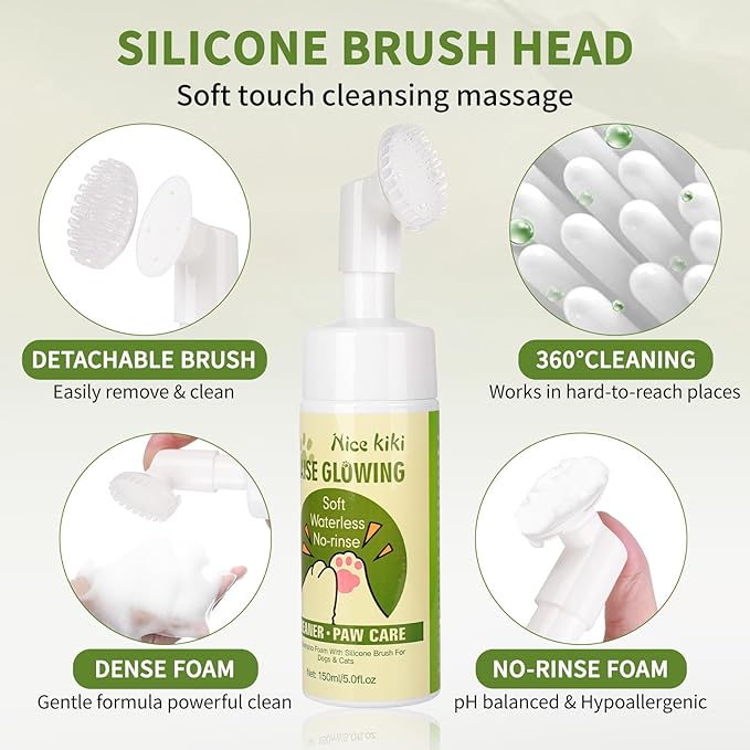 Pet Paw Cleaner for Dogs（5.0 fl oz）- No-Rinse Foam Pet Paw Washer with Silicone Brush Head for Puppy, Small, Medium,Large Dogs and XL Breed,Clean Muddy Paws,PH Balanced Foaming Dog Foot Washer