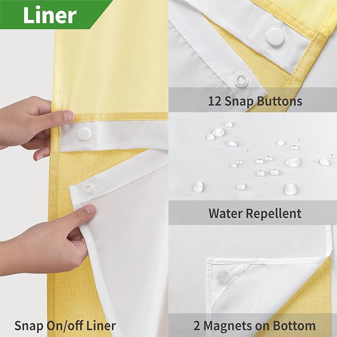 Long No Hooks Needed Linen Textured Shower Curtain with Snap-in Fabric Liner Set,Hotel Luxury Decor Shower Curtains for Bathroom,Waterproof & Washable,71Wx80H,Gold