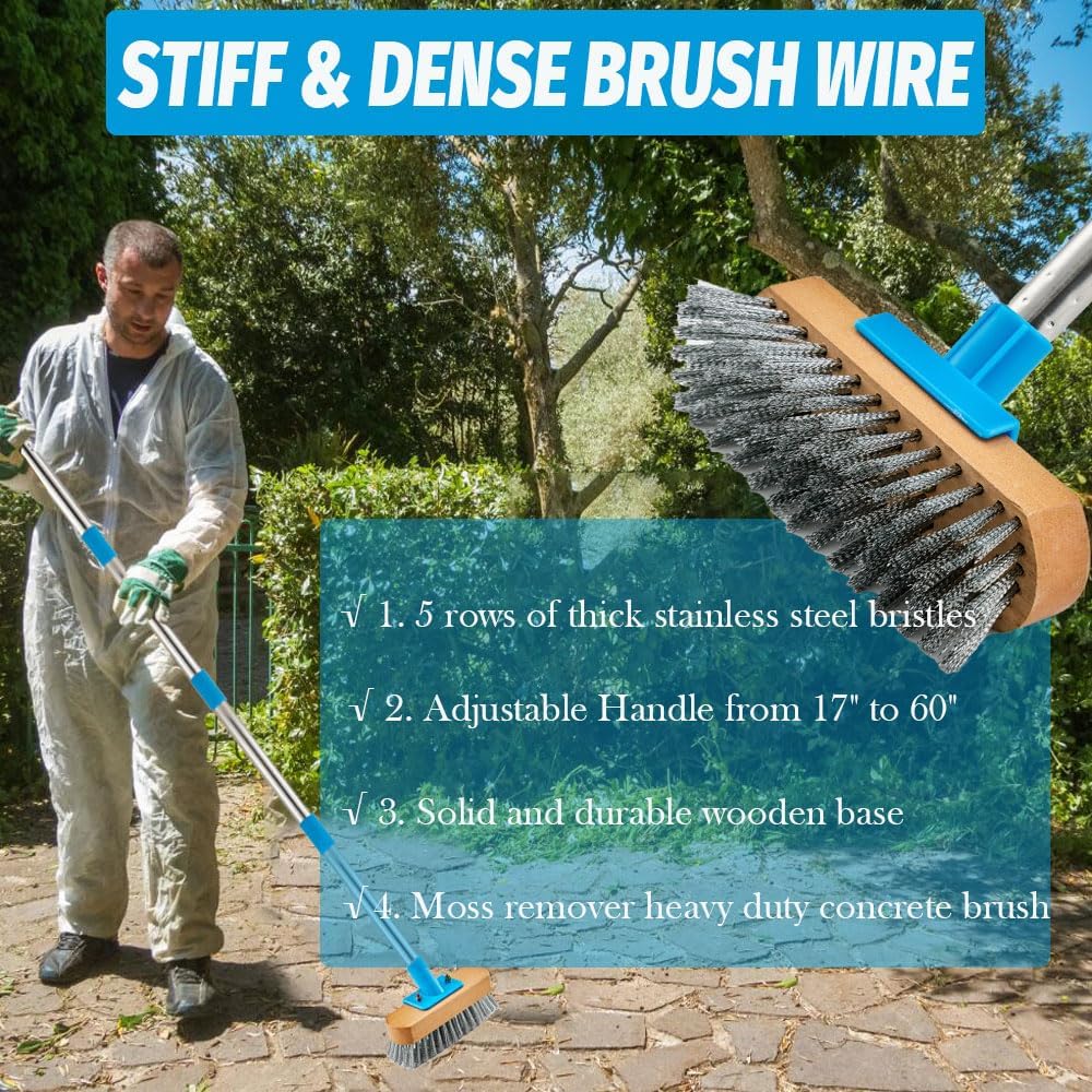 YONILL Stainless Steel Deck Scrub Brush with Long Handle - 60" Heavy Duty Floor Scrubber Brush with Pole, Moss Remover Wire Cleaning Brushes for Rough Surface, Concrete Floor, Patio, Garden, Garage