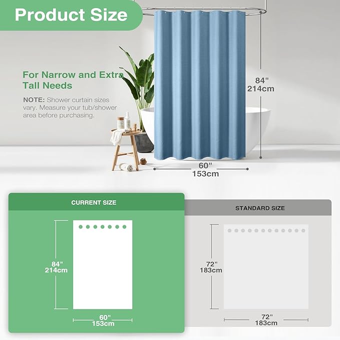 Dynamene Stall Fabric Shower Curtain - 60 x 84 inch Long Waffle Weighted Thick Cloth Shower Curtains for Bathroom, Neutral Heavy Duty Hotel Spa Luxury Bath Curtain Set with 10 Hook, Moonlight Blue