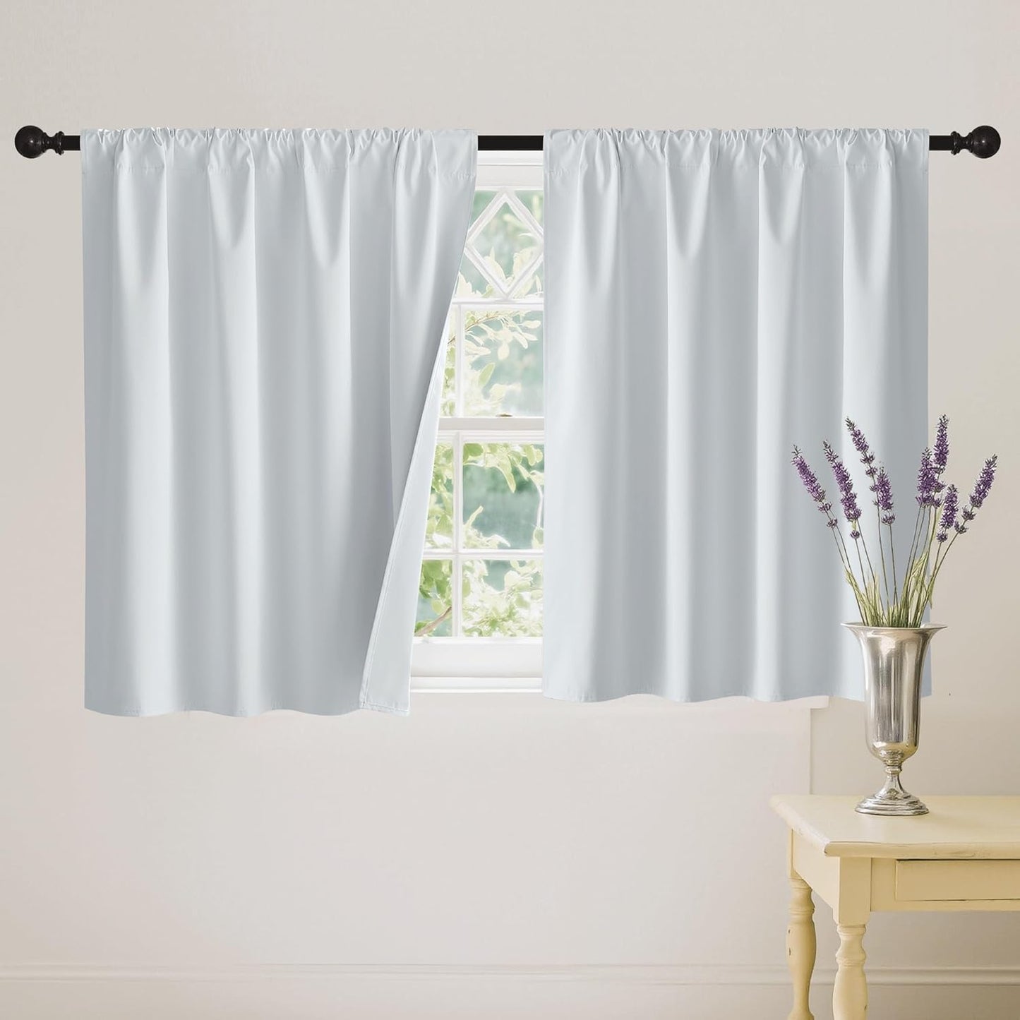 RYB HOME 100% Blackout White Short Curtains, Thermal Insulated Total Room Darkening Noise Reducing Curtains Tier for Cafe Kicthen Basement, 52 inches Wide by 36 inches Long