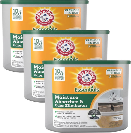 Arm & Hammer Essentials Disposable Moisture Absorber and Odor Eliminator Tub, Fragrance Free, 1 lb., Attracts and Traps Excess Moisture, Ideal Closet Dehumidifier (Pack of 3)