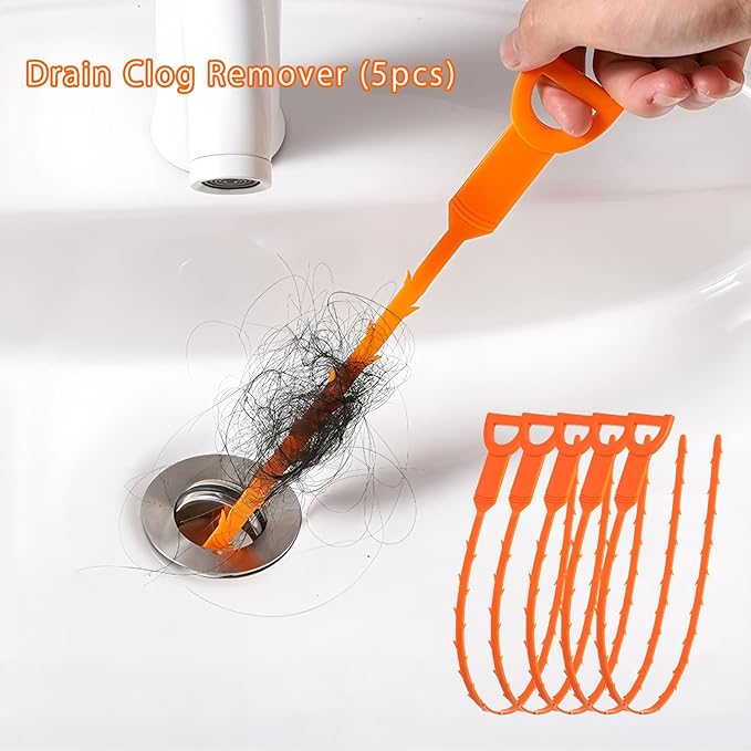 Drain Clog Remover (5pcs)＆Drain Auger 32 FT (1pcs)＆Drain Snake Hair Remover (1pcs),Toilet Plumbing Snake Set for Toilet Sewer Shower Kitchen Bathroom Tub Clogged Drains Opener Cleaning Tool