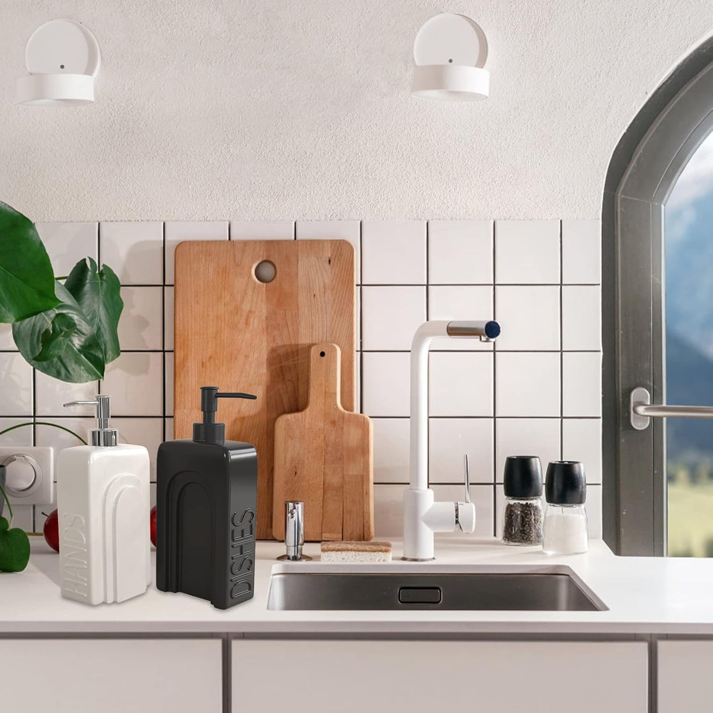 Soap Dispenser Set with Funnel, Non-Slip Silicone Pads, 2 Pack Ceramic Refillable Dish Soap and Hand Soap Dispenser for Kitchen, Bathroom, Matte Black and White