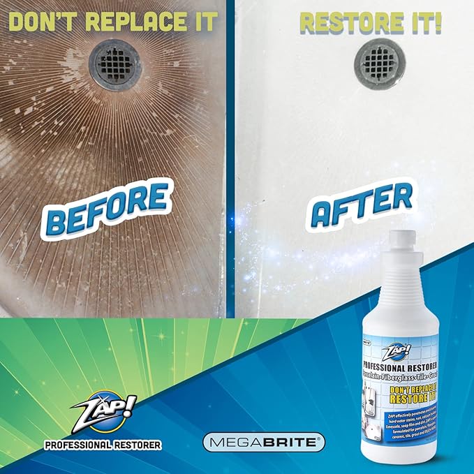ZAP! Professional Tile & Grout Restorer | Cleans & Restores Porcelain, Fiberglass, Tile, & Grout Surfaces | Rust & Hard Water Remover | Kitchens & Bathroom Porcelain Sinks, Toilets, & Tubs