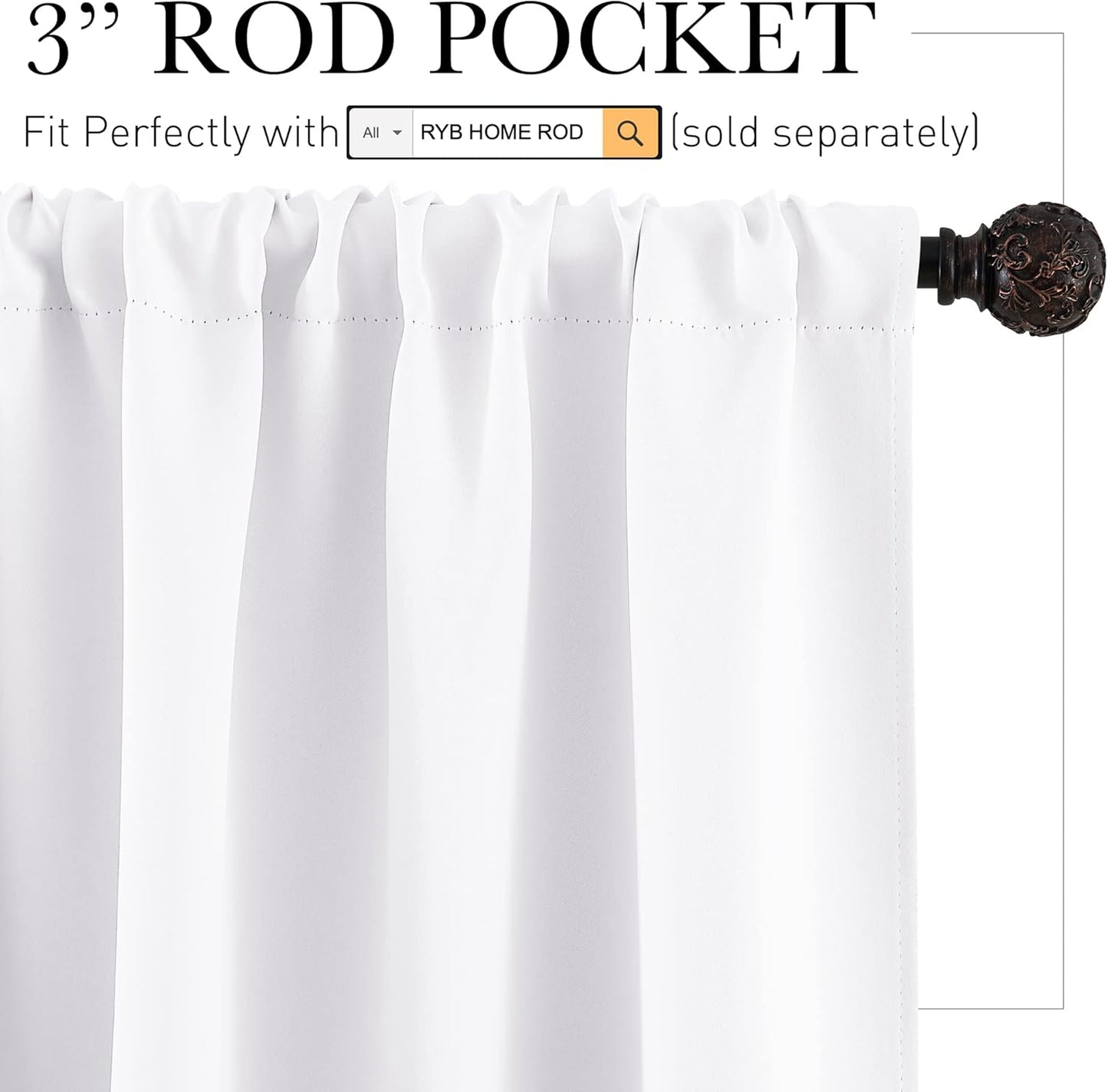 RYB HOME Window Decor Kitchen Curtain Drapes - 50% Blackout Thermal Insulated Curtains Set Rod Pocket Energy Saving for Bedroom Kitchen Livingroom Dining, 42 Wide x 72 Long, Pure White, 2 Panels