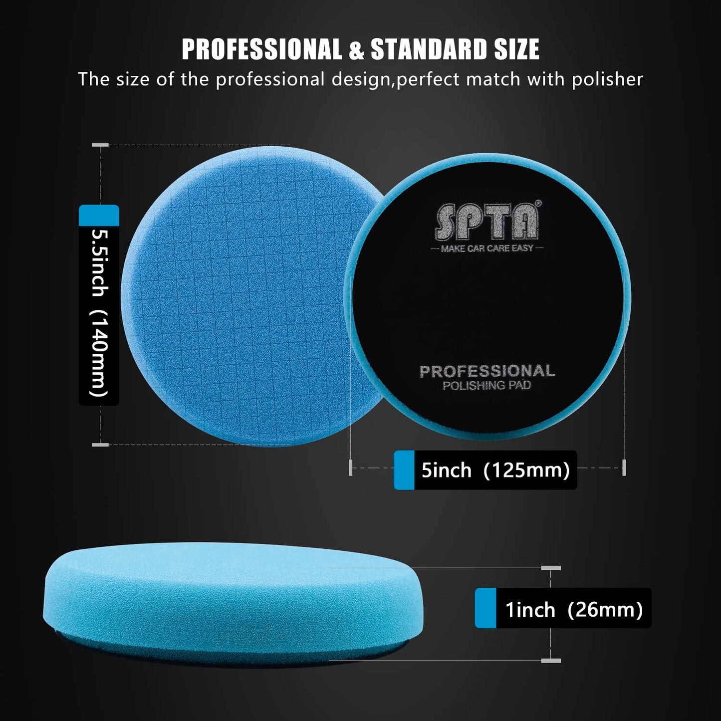 Blue Polish Pad, Buffing Polishing Pads, SPTA 1Pc 5.5 Inch Face for 5 Inch 125mm Backing Plate Compound Buffing Sponge Pads for Car Buffer Polisher Compounding, Polishing and Waxing -FPTSS5B