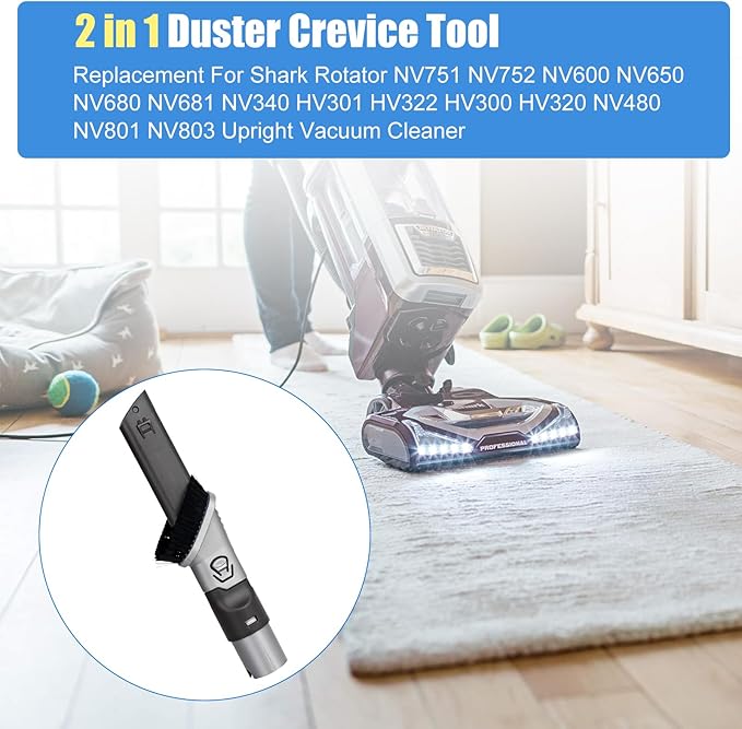 2-in-1 Crevice & Duster Tool for Shark Vacuum Cleaners Rotator, Rocket, DuoClean, Apex, Navigator, NV752, NV751, NV650, NV680, HV322, HV301, AZ2001, HZ2002 Extended Reach Brush Attachment