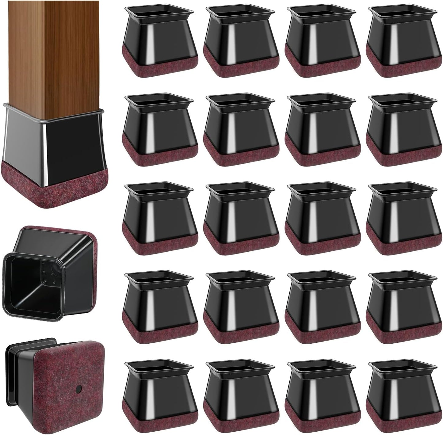 20 Pcs Chair Leg Floor Protectors for Hardwood Floors, Black Rubber Furniture Sliders with Felt, Silicone Furniture Leg Caps Covers (Fit Square Diameter:1.06" to 1.44")