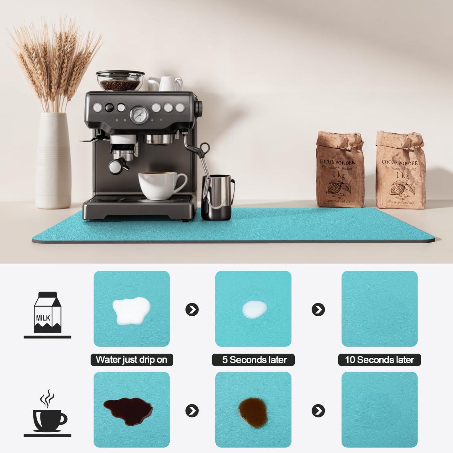 Dish Drying Mat for Kitchen Counter | Coffee Bar Mat for Countertops | Heat Resistant Drainer Mat with Non-slip Rubber Backed | Hide Stain Kitchen Absorbent Draining Mat | Turquoise 16"x20"