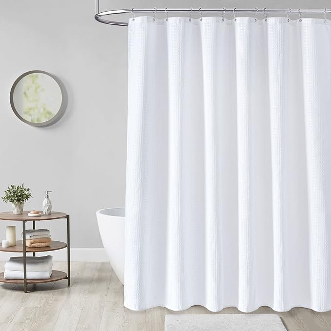 Dynamene Extra Long Shower Curtain,96 Inch Long Waffle Weave Heavy Duty Thick Fabric Bathroom Shower Curtain, Neutral Weighted Hotel Bath Curtain Set with 12 Plastic Hooks,72x96, White