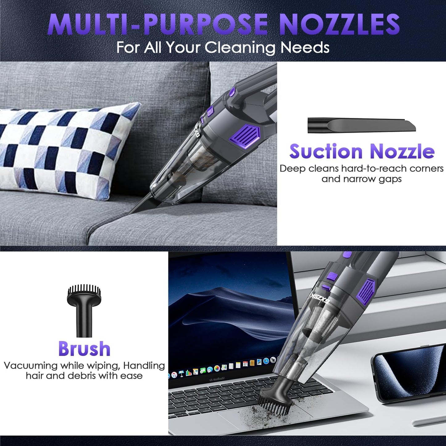 Handheld Vacuum Cordless, 15000PA Strong Suction Hand Held Car Vacuum Cleaner Rechargeable, Portable Hand Vacuum with Multi-Nozzles & Washable Filter for Home Office, Car, Pets