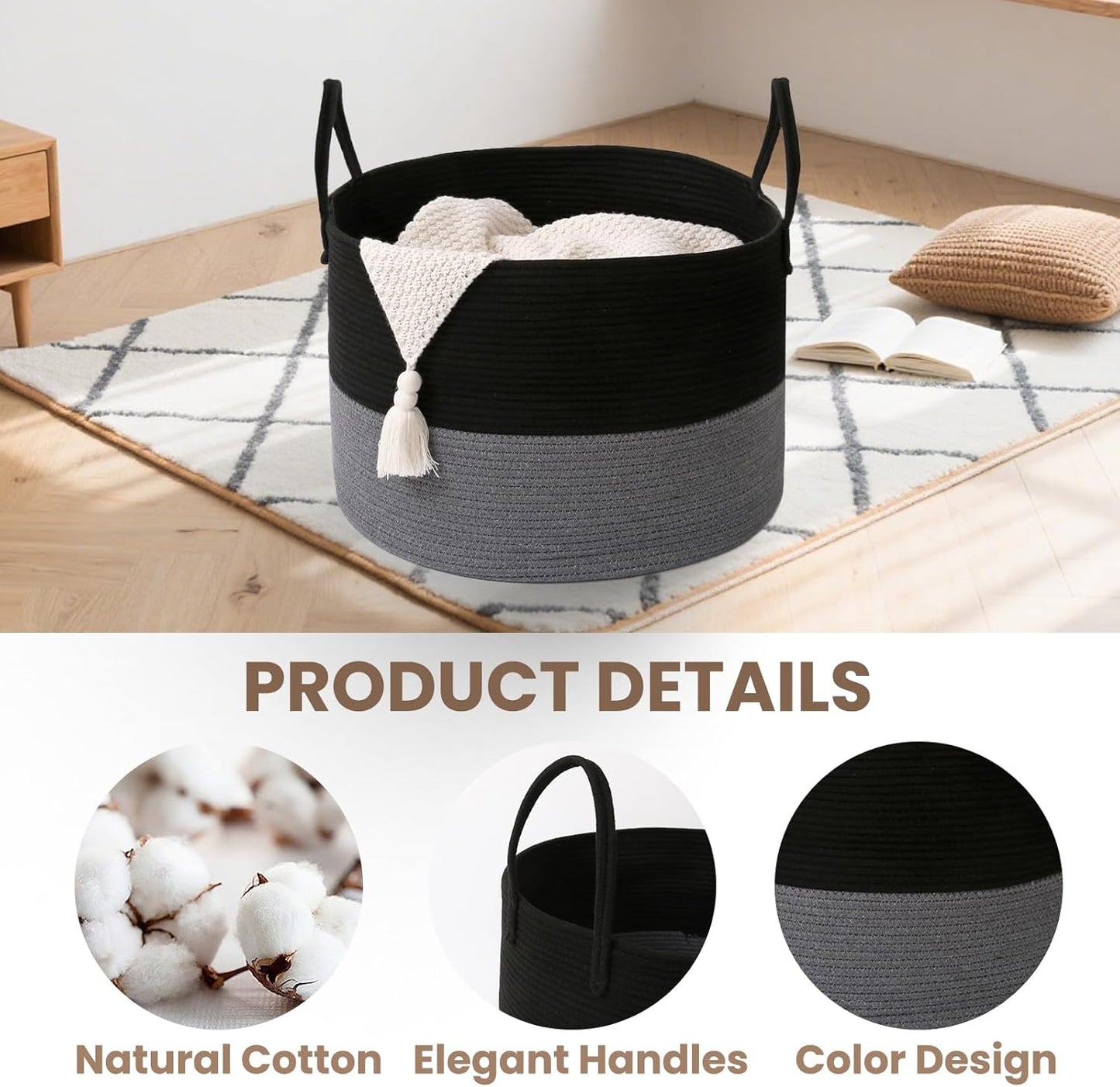 Woven Blanket Basket,115L Large Rope Storage Bin with Handles, Organizer for Blankets Toys Book and Clothes, Laundry Basket for Living Room Bedroom Nursery,Black&Grey