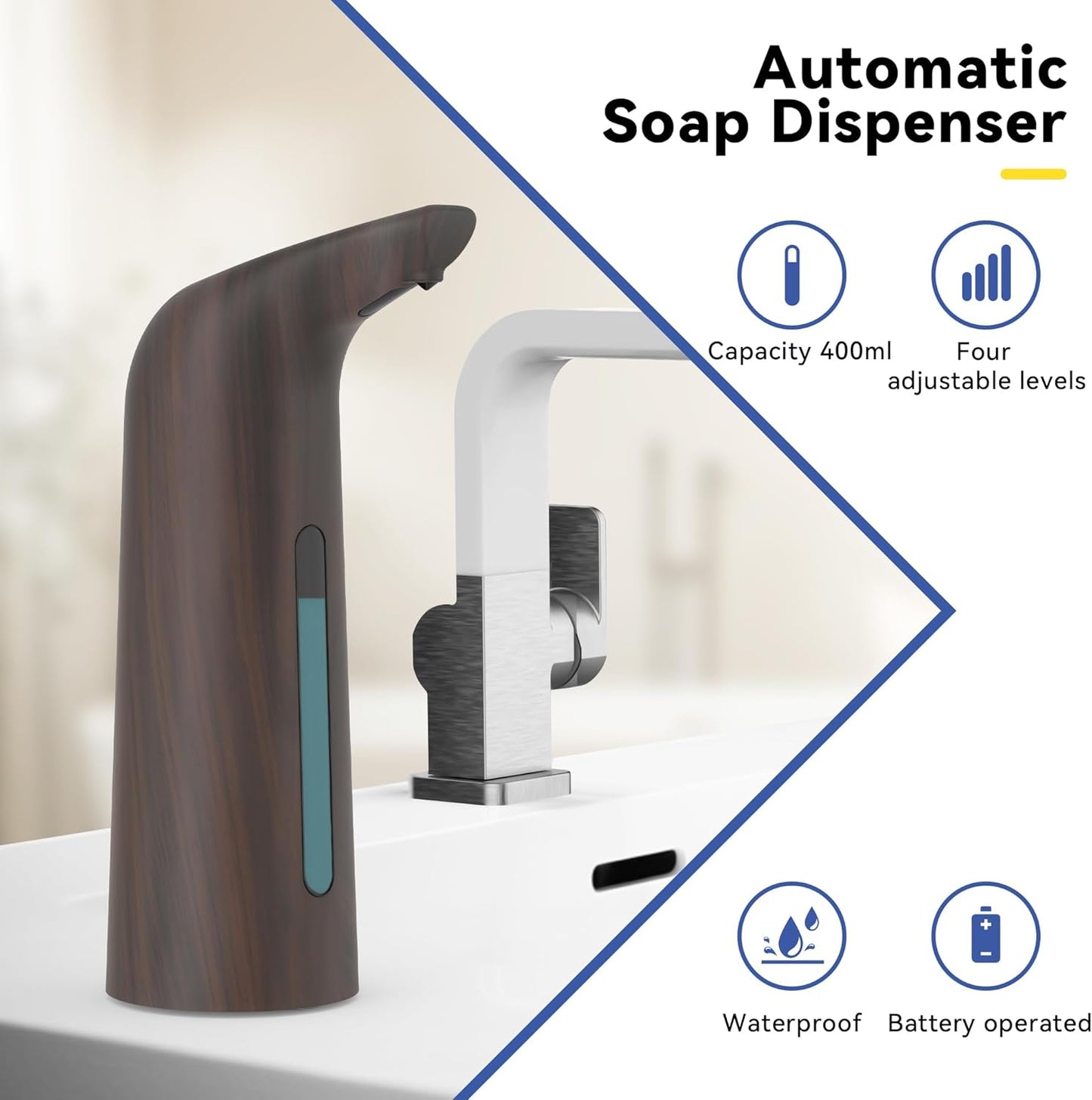 Automatic Soap Dispenser with Infrared Sensor - Adjustable 4-Level Touchless Hand Soap for Kitchen, Bathroom - Battery Operated Electric Dispenser, Durable Plastic, Smart Soap Holder