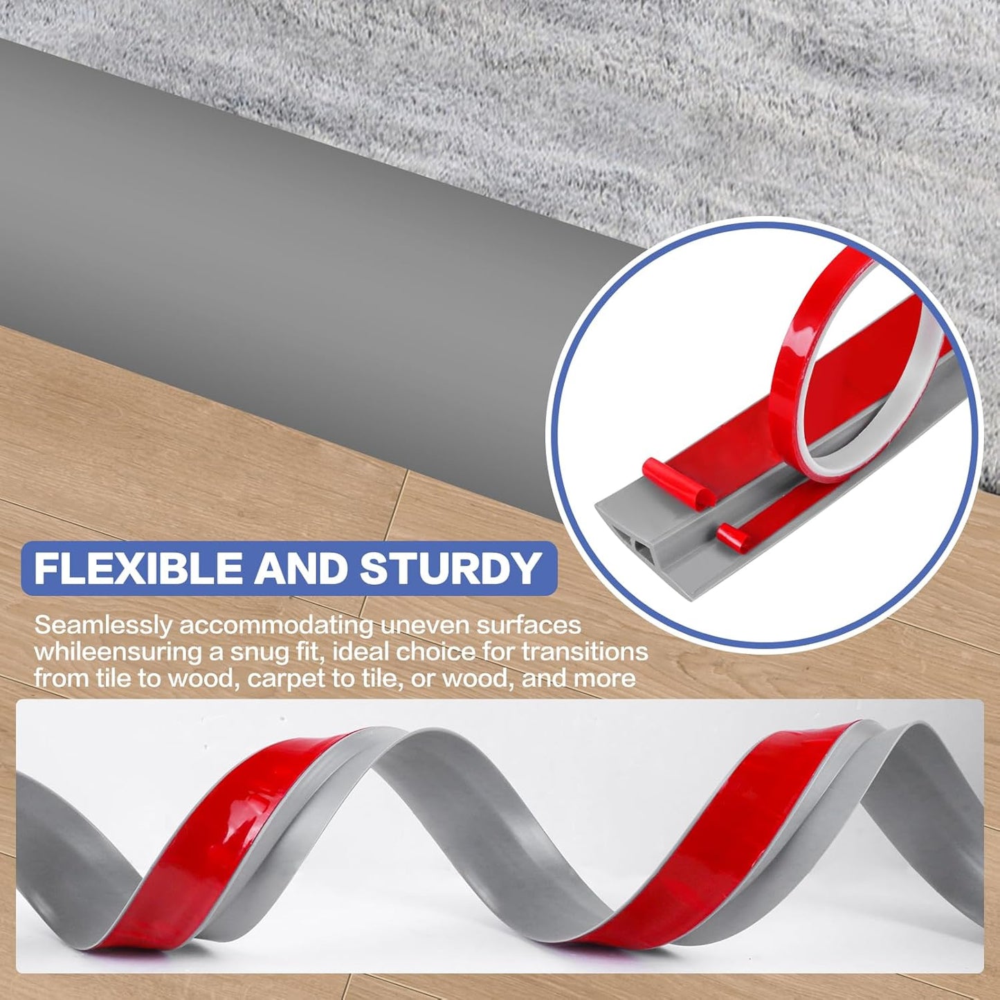 Floor Transition Strip Vinyl Door Threshold Ramp Self Adhesive Carpet Edging Strip Doorway Edge Trim, Overlap Edge Reducer for Laminate Carpet, Floor, Tile (Gray, 1/5" to 2/5", 6.6Ft)