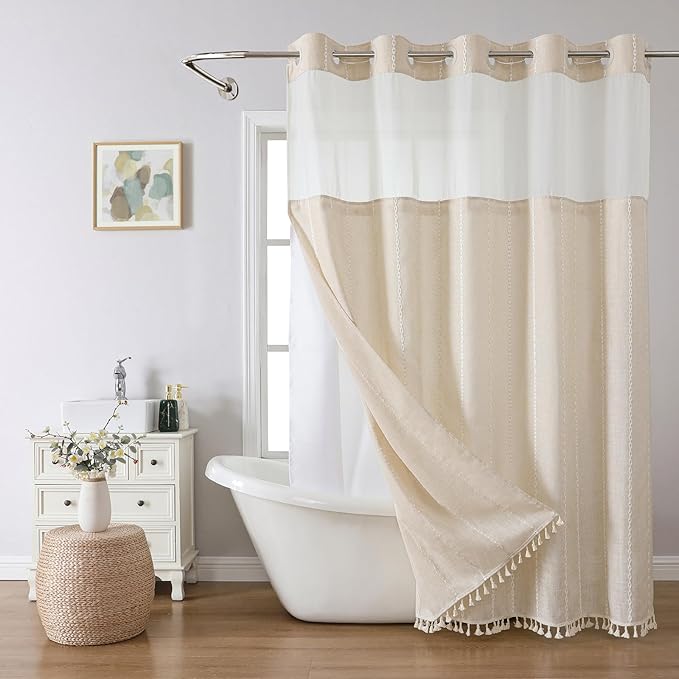 No Hook Long Shower Curtain Set with Snap-in Fabric Liner,Linen Textured Thick Striped Fabric with Tassels,Boho Farmhouse Rustic Luxury Bathroom Curtain,Water-Repellent,Cream/Beige,71x80