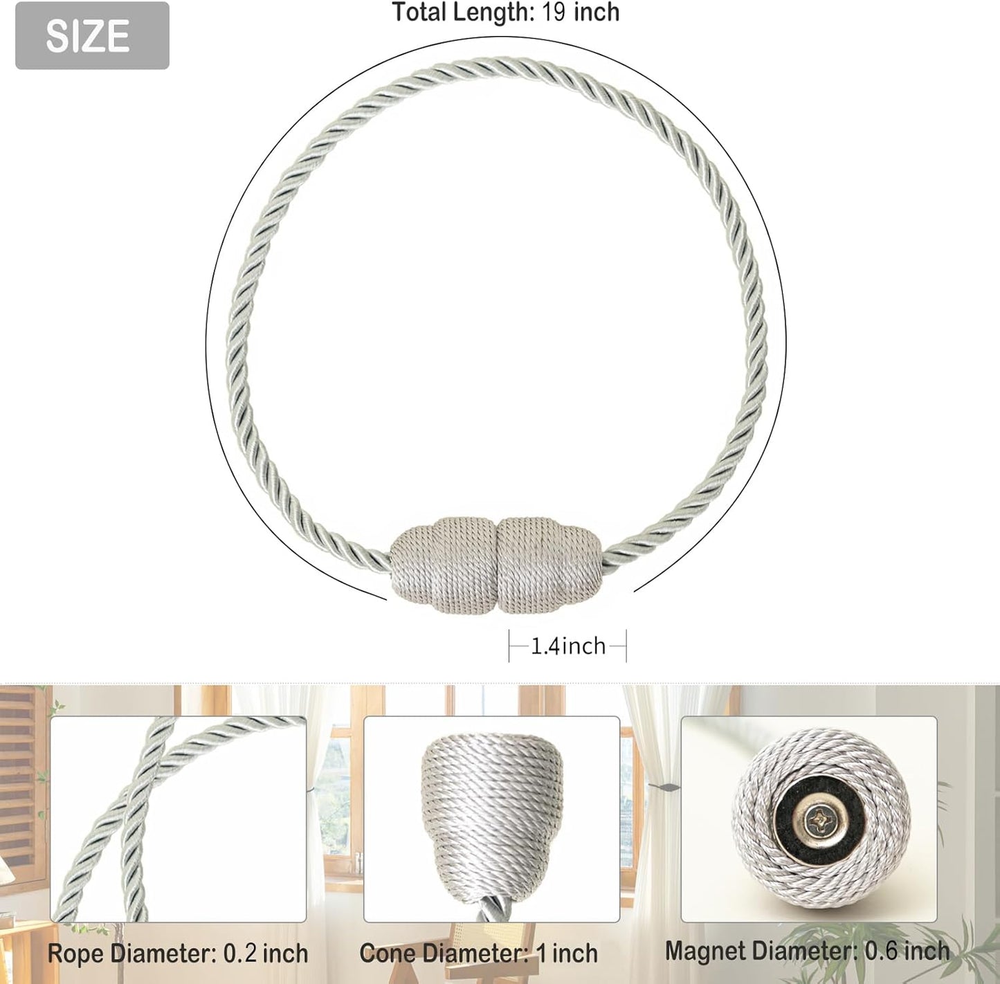 Magnetic Curtain Tiebacks Rope Curtain Tie Backs for Curtains 6 Pack Curtain Holders for Drapes Decorative Window Curtain Holdbacks, Grey