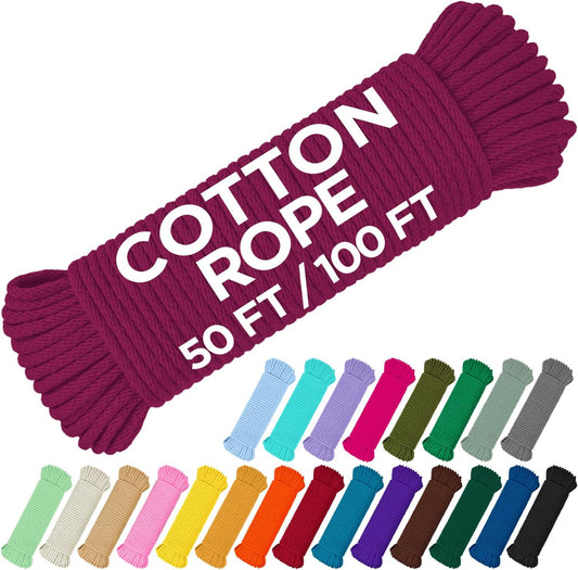 TECEUM Cotton Rope 3/16” (5 mm) – 100 FT – Strong All-Purpose Braided Rope – Natural Cotton – for Crafting, Сamping, Clothes Line, DIY, Indoor & Outdoor Use – Deep Pink