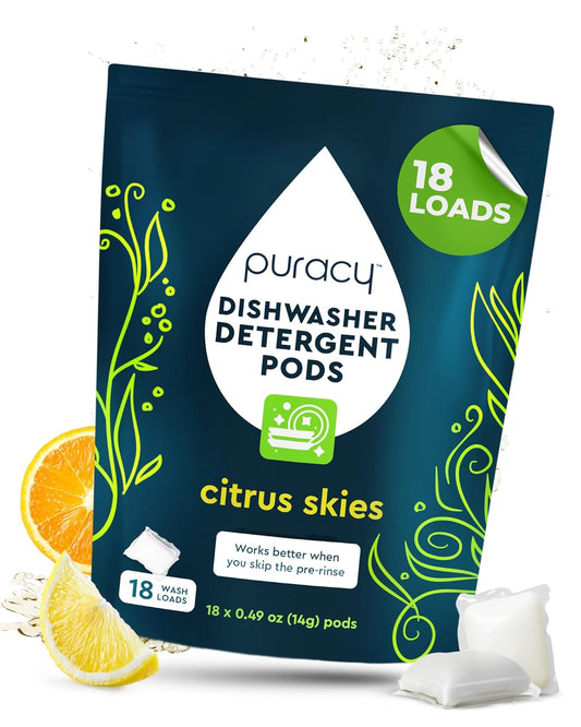 Puracy Dishwasher Pods, Natural Dishwasher Detergent, Free & Clear Dish tabs - Enzyme-Powered, Spot & Residue Free - TikTok Trend Items, Must Haves from TikTok Made Me Buy It (Citrus Skies, 18 Count)