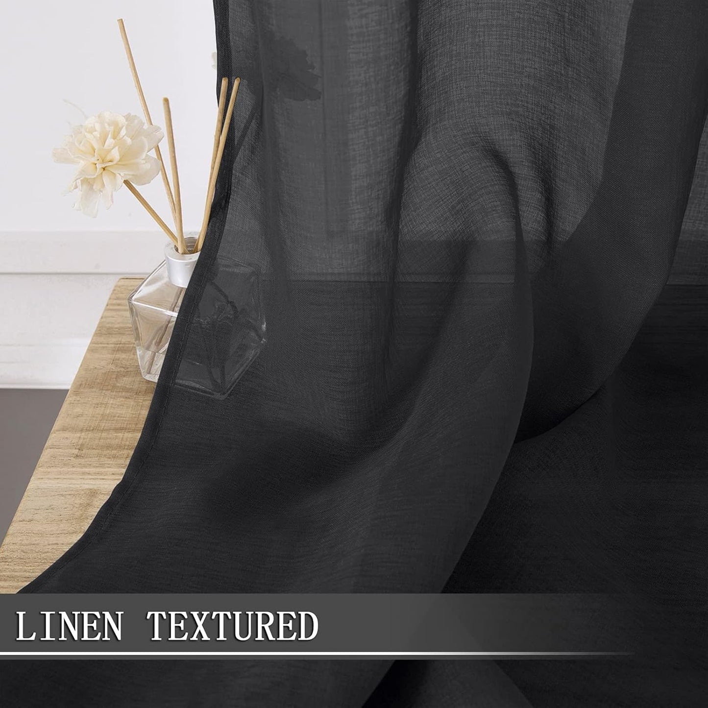 Tollpiz Short Sheer Curtain Linen Textured Living Room Curtains Sheer Light Filtering Rod Pocket Voile Curtain for Bedroom, 42 x 54 inches Long, Black, Set of 2 Panels