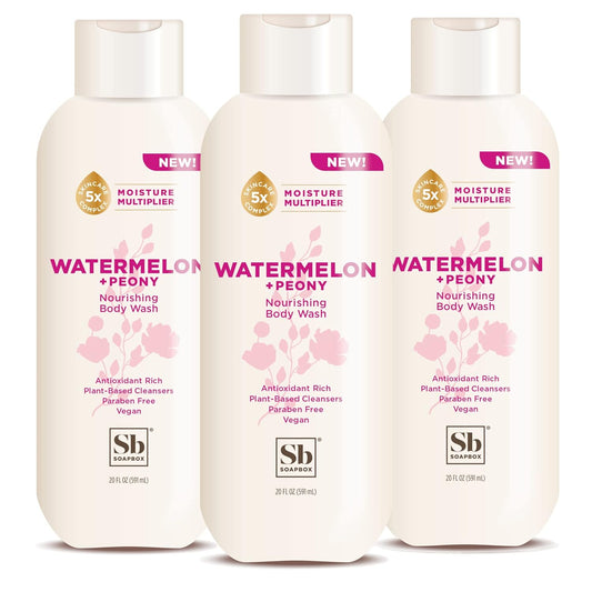 Soapbox Body Wash, Watermelon + Peony Body Wash for Women, Men, Vegan & Antioxidant Rich, Exfoliating, Moisturizing Soap with Shea Butter, Peptides & Keratin Promoting B3, 3 Pack, 20oz Each