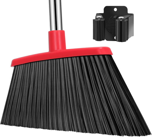 Heavy Duty Broom, 55 Inch Long Handle Outdoor Large Angle Brooms with Holder, Commercial Broom for Sweeping Indoor, for Home Garage Kitchen Office Courtyard Lobby Patio Lawn Concrete, Black Red