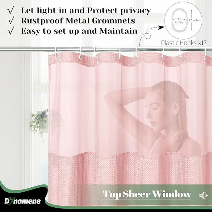 Dynamene Fabric Shower Curtain with Snap in Liner, Pink Waffle Hotel Shower Curtains for Bathroom, Washable Waterproof Cloth Shower Curtain Liner Set with Plastic Hook, Mesh Top Window, 72x72, Pink
