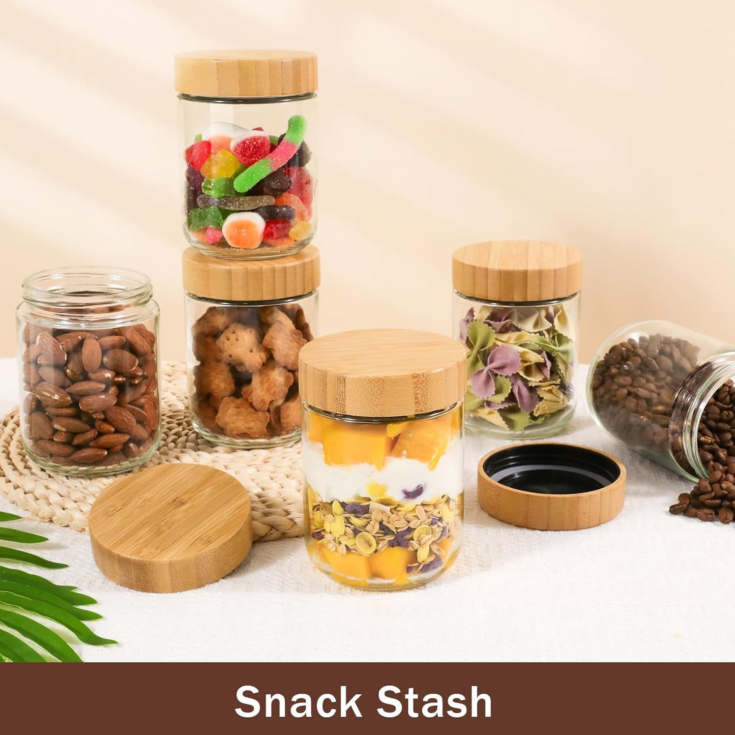 OcePor 4 Pack 16oz Glass Jars with Bamboo Lids, Over Night Oats Container with Airtight Lid, Glass Snack Storage Salad Jars For Food, Yogurt, Sugar and Flour,Coffee Bean, Cookie, Cereal