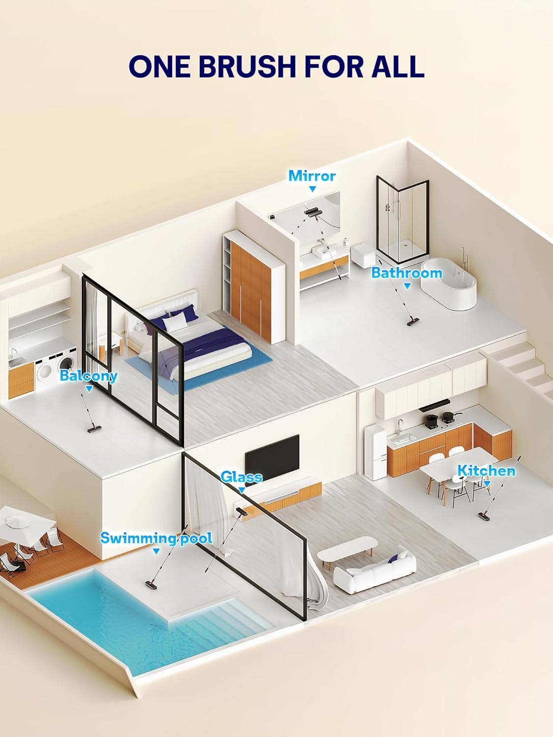 Floor Scrub Brush with Long Handle, 3 in 1 Multi-angle Swivel Right Angled Bristle Floor Scrubber Brush with Squeegee and Tweezer for Cleaning Tile Wall Deck Bathroom Patio Garage Kitchen (Grey)