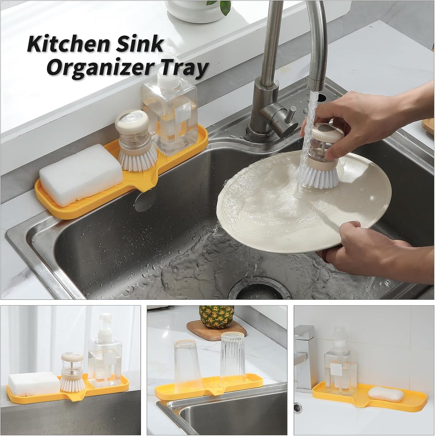 Silicone Bathroom Soap Dishes with Drain Spout-Bathroom and Kitchen Sink Organizer,Sponge Holder,Dish Soap Tray,Perfect for Dispenser,Scrubber,Bottle,Cup on Sink or Counter-Yellow 12"×4"