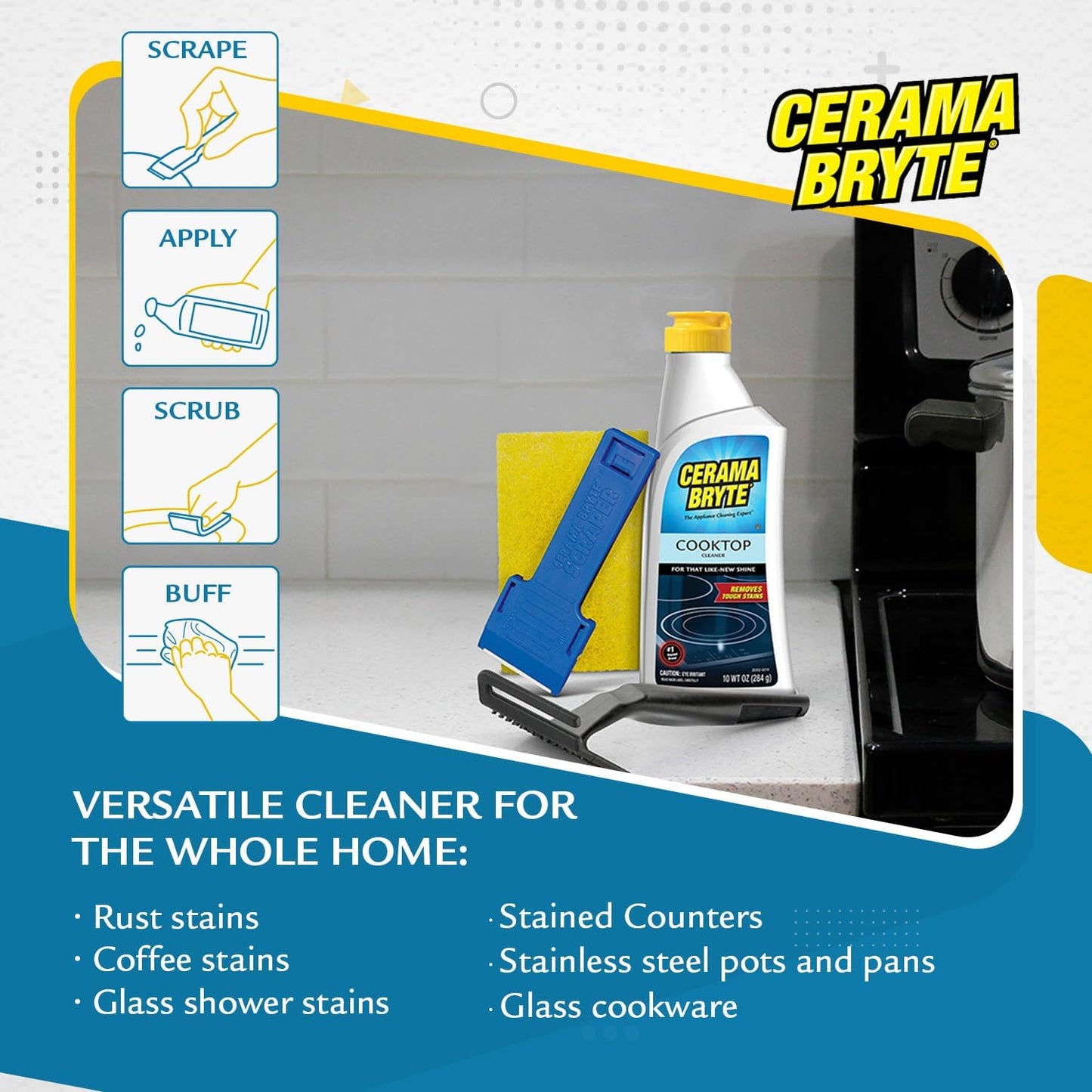 Cerama Bryte Glass Cooktop and Stove Top Cleaner Combo Kit - Includes Cleaning Tool, Razor, Scraper and 1 Pad to Remove Tough Stains - Use on Gas, Electric, Ceramic Surfaces, 18 Ounces, 4 Piece