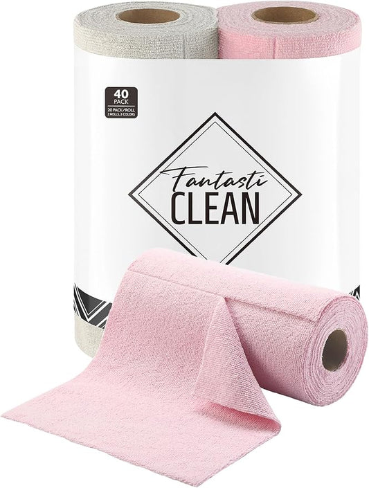 Fantasticlean Tear-Away Dish Cloth - 40 Sheets - 10'' by 10'', Reusable Washable Kitchen Towel Rolls, Super Absorbent and Thick Microfiber Cleaning Cloths (2 Rolls of Pink and Grayish)