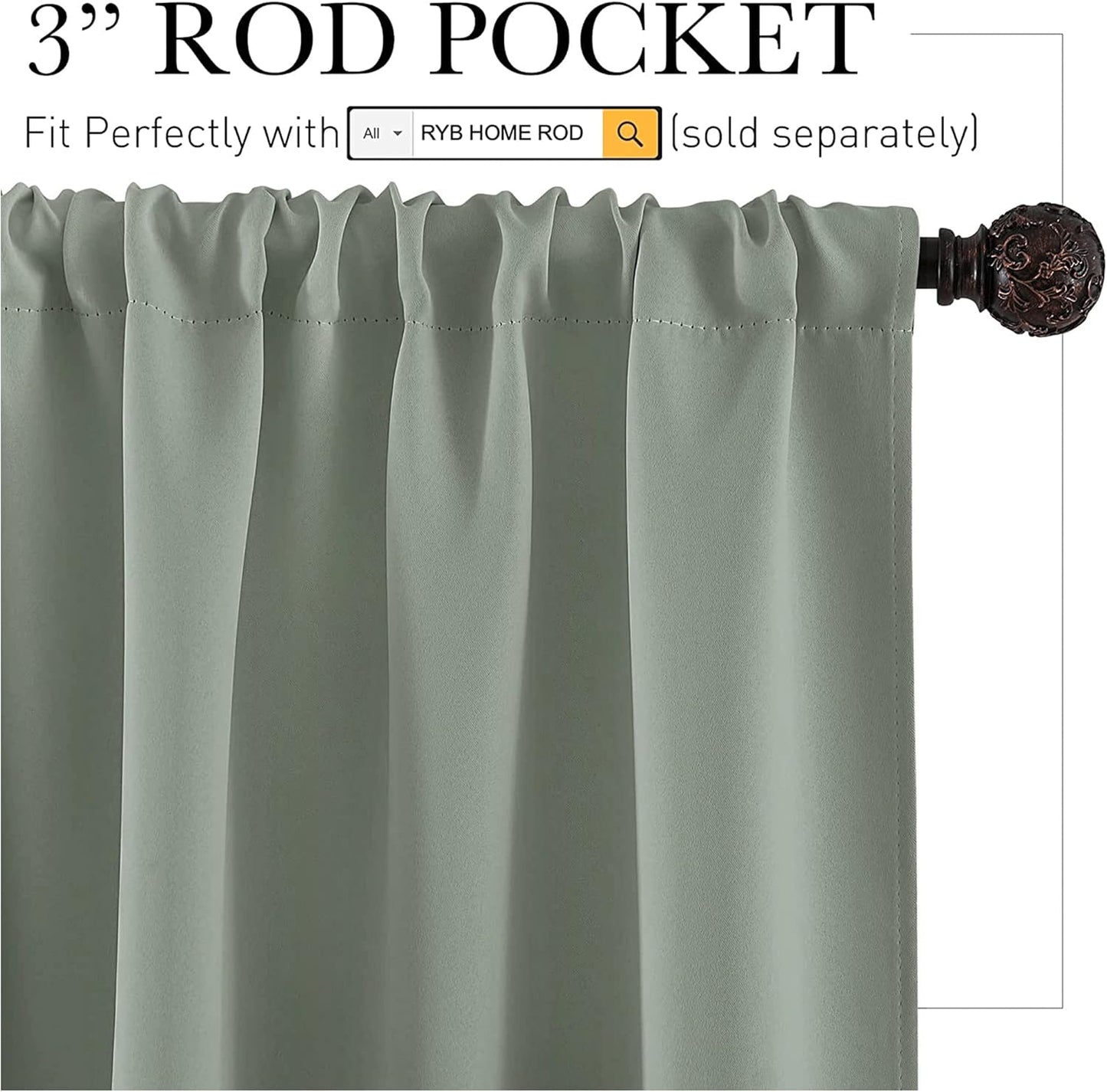 RYB HOME Bedroom Curtains Blackout - Light Block Energy Efficiency Small Window Treatment Drapes for Kitchen Dining Baby Nursery Morden Decor, W 42 x L 63 inch, Sea Green, 2 Panels