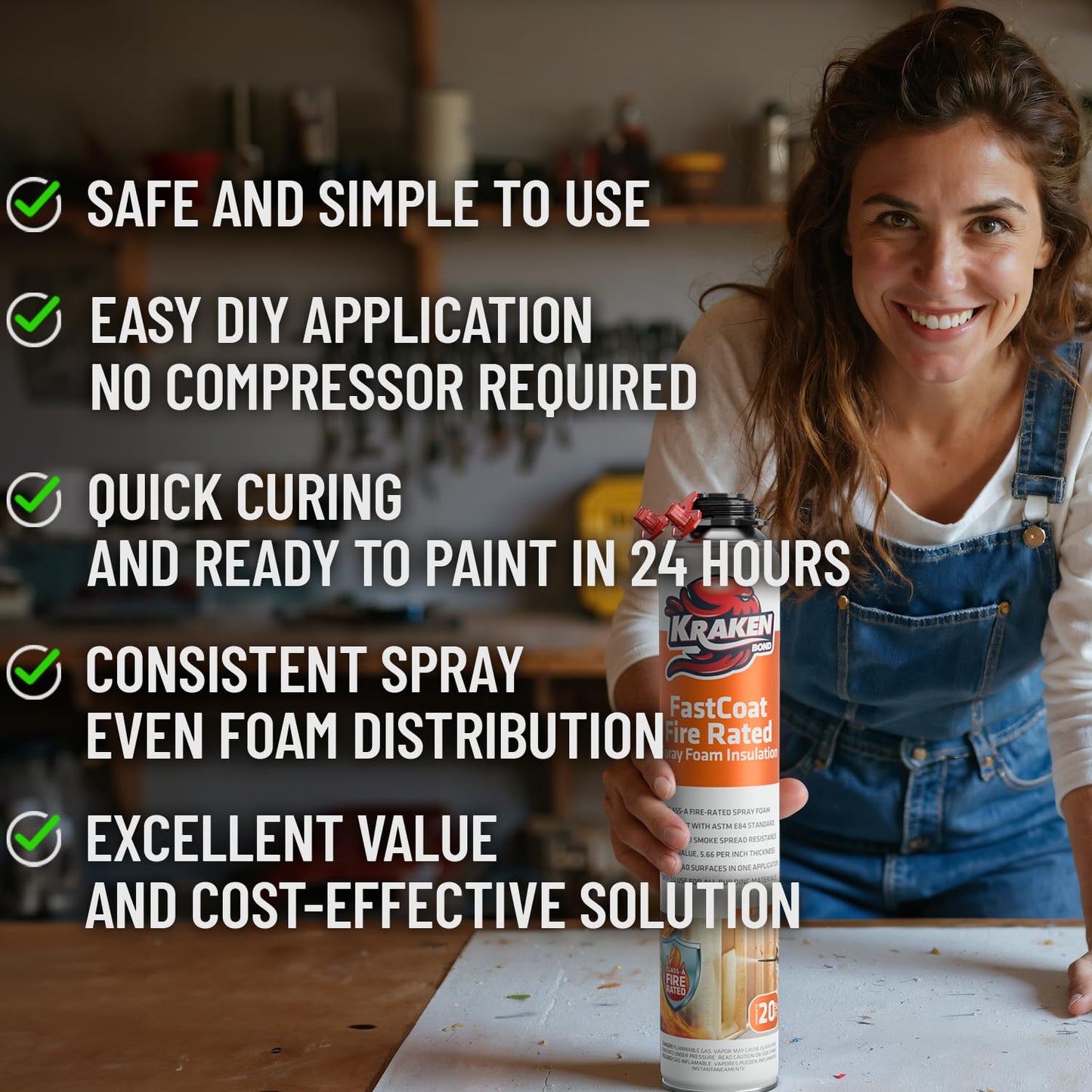 Kraken Bond Fastcoat Fire Rated Spray Foam Insulation Kit Closed Cell in a Can 20 sq ft (1x27.1 oz.) (R-Value 11.32 / 2in) - Spray Foam for Garage Door, Attic, Wall Gun & Cleaner Included, 1 Pack