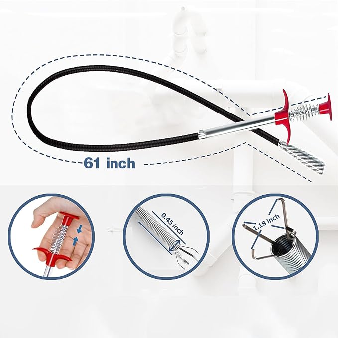 Drain Snake,61 Inch Hair Drain Clog Remover- Flexible Gutter Cleaning Tools for Home Sink, Bathroom Tub,Drain, Toilet, Tight Spaces