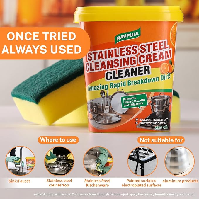 STAINLESS STEEL CLEANER & POLISH - Heavy Duty Cleaning Paste for Stove, Oven, Pans, Cookware, Sink | All Purpose Multi-Purpose Household Cleaner | Removes Grease & Stains | with 2 Sponges (500g)