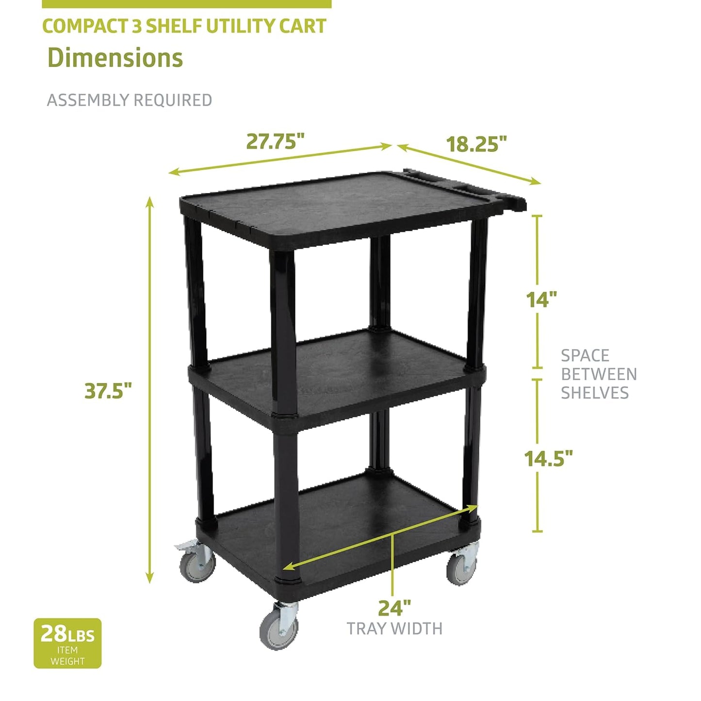 Pearington 3-Tier Compact Multi-Purpose Plastic Utility Cart with Lockable Wheels up to 300LBS, Black