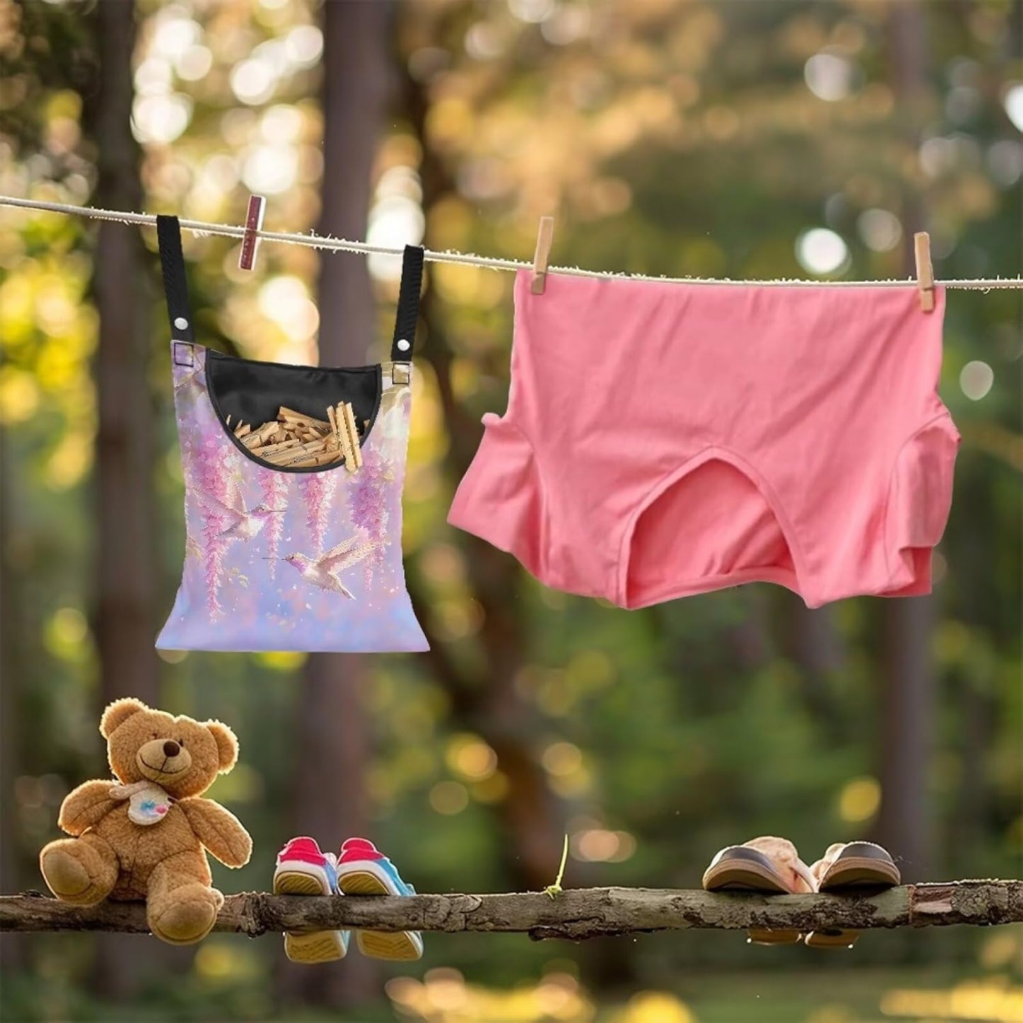 Clothespin Bag for Outdoor Laundry Clothesline and Clothes Pin Holder Clothespin Bag for Heavy Duty Outdoor Use - Hummingbird Flower